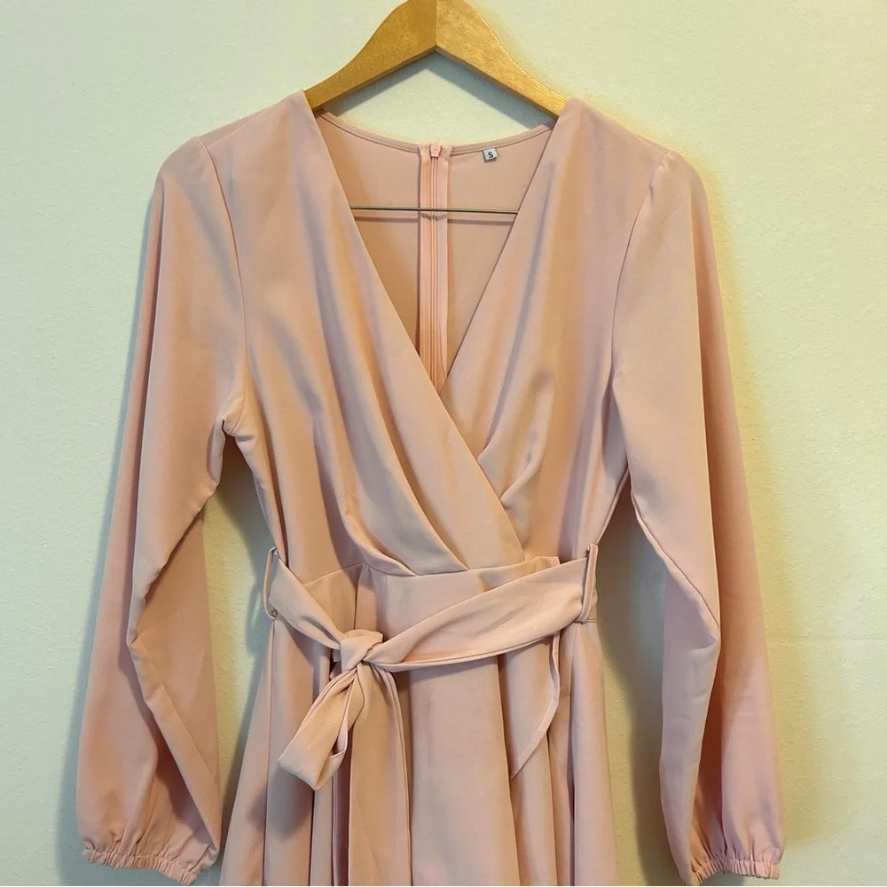 Women’s Small Ruffle Elegant Pink Faux Wrap Long Sleeve Mini Dress - Picture 2 of 9